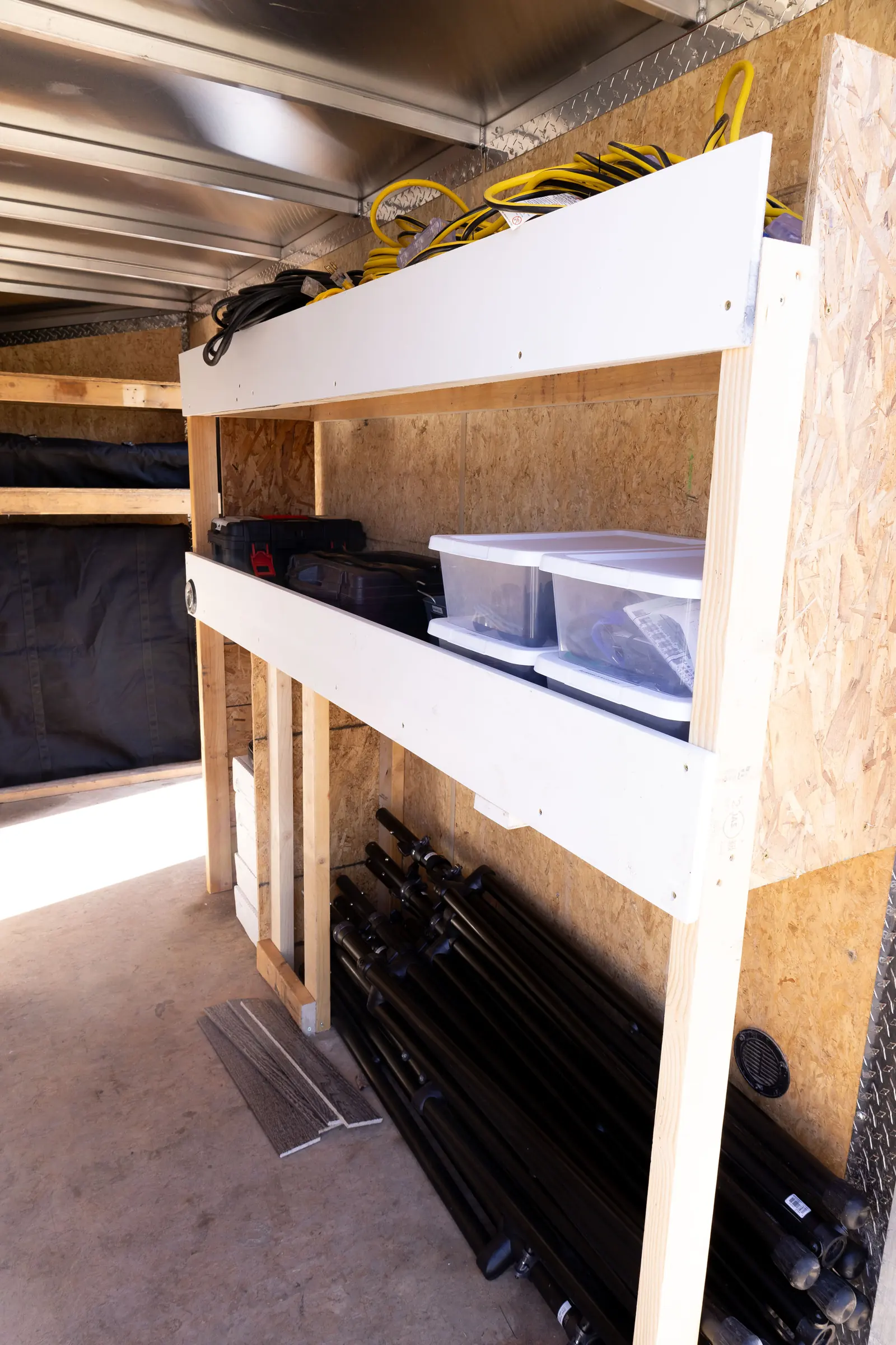 Equipment shelves inside the sound system trailer
