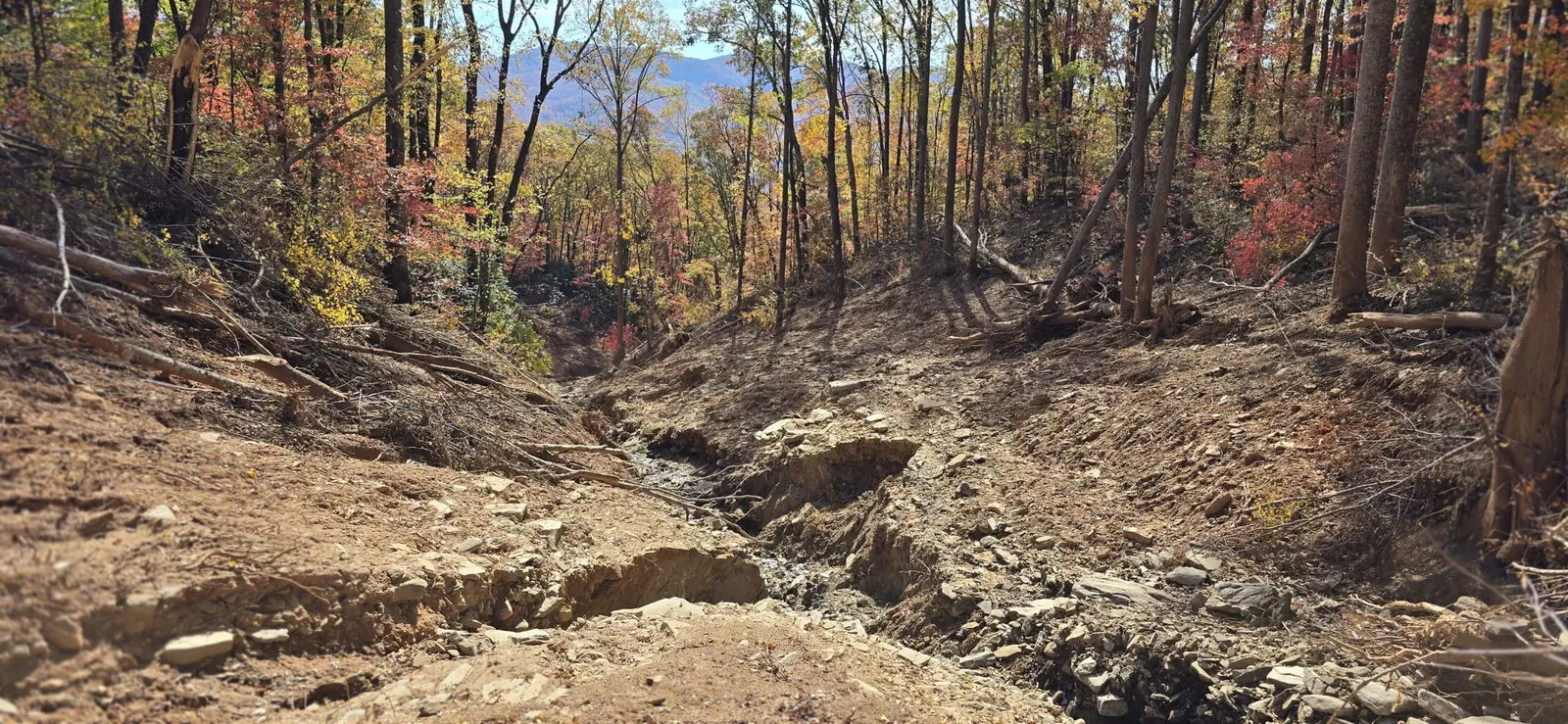 Stream bed damaged by storm flooding